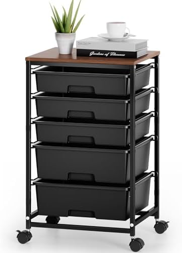 SYKIARIOL 5-Tier Rolling Cart with Drawers with Wooden Top, Black