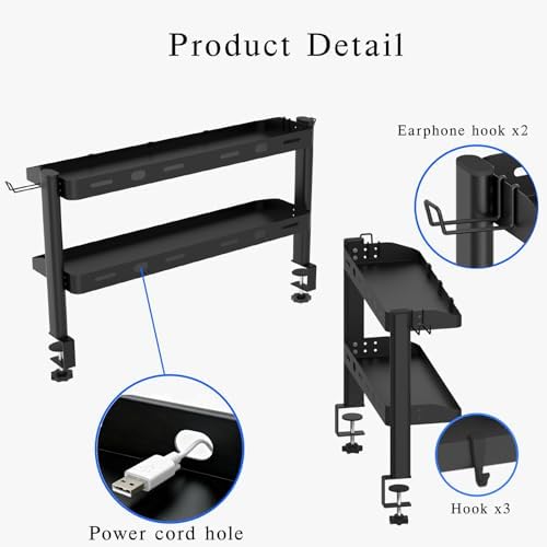Clamp on Desk Shelf, 24in 2-Tier Office Desk Shelves Organizer, Shelf for Top of Desk with Headphone Holder and Hooks, Desktop Storage Rack for Home Workspace, Study Rooms, Gaming Accessories