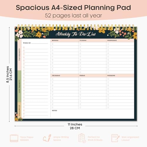Taja Weekly To Do List Notepad, Undated Weekly Planner Pad, 8.5" x 11"