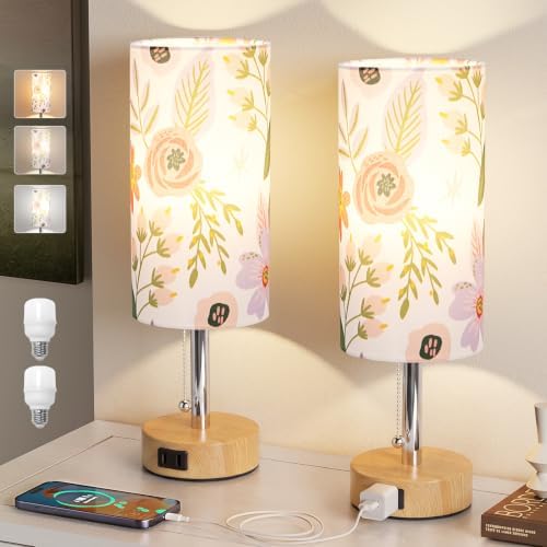 Flower Bedside Table Lamps Set of 2 - Bedroom Lamp for Desk, AC Outlet