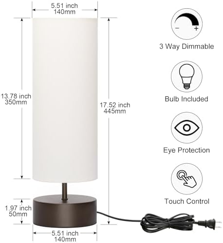 3 Way Dimmable Touch Control Table Lamp, Bedside Table Lamp with Dark Brown Base, Modern Nightstand Lamp with Beige Shade, Simple Night Light for Bedroom Living Room Home Office, 9W LED Bulb Included