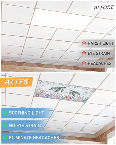 Watercolor Turtle Magnetic Fluorescent Light Covers for Ceiling Lights 2 x 4 Feet,Coastal Coral Seaweed Vintage Blue Office Classroom Kitchen Drop Ceiling Light Covers Filters Shade Panel 2 Packs