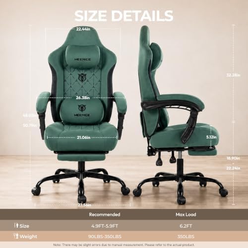 Fabric Gaming Chair with Heated Massage Lumbar Support, Pocket Spring Seat, Reclining Computer Chair with Footrest, Breathable High Back Gamer Chair, 350 lbs