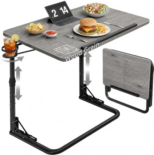 NUTIKAS Folding TV Tray Table - Adjustable Height Sofa Grey Wood Side Table, Wooden Portable Trays for Eating On Couch, Laptop Stand with Cup Holder, C Shaped Foldable Desk