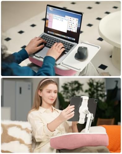 Viozon Kindle Pillow Stand Holder, Phone Holder for Bed, Laptop Lap Desk with Mouse Pad,Compatible with 4.7-13" Kindle/Tablet/Phone,10-15" Laptop, Snack Bowl&Cup Attachment&Detachable 360° Stand Arm,P