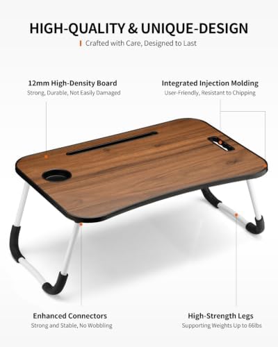 FISYOD Foldable Laptop Table, Portable Lap Desk Bed Table Tray, Laptop Stand with Cup Holder & Tablet Slot & Lifting Handle for Working Writing Drawing & Eating (Walnut)
