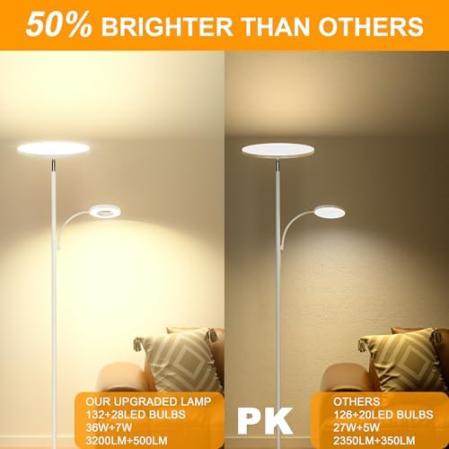 marctronic White Floor Lamp, 42W 4000LM Super Bright LED Room Lamp with Adjustable Reading Light,Dimmable Modern Standing Lamp with Remote & Touch Control for Room Bedroom Office Floor Light