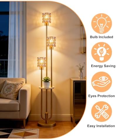 62IN Gold Floor Lamp with Amber Glass Shade 3-Lights Mid-Century Modern Farmhouse Floor Lamps with 3000K Warm White Bulbs, Tall Standing Lamp 5Lbs Heavy Base for Living Room/Bedroom/Corner