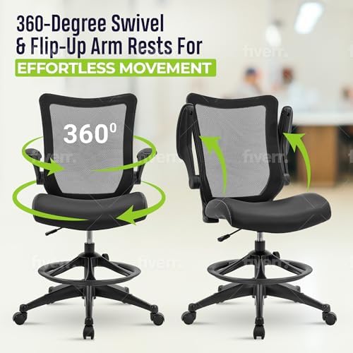 OfficeFactor Drafting Chair Tall Office Chair, 300 lb Capacity Standing Desk Chair, Adjustable & Ergonomic Desk Chair, Flip-Up Armrests, Mesh Back, Comfortable Leather (Black)