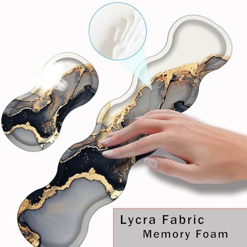 Keyboard Wrist Rest and Mouse Pad with Wrist Support Set Ergonomic Coaster,Memory Foam,Easy Typing Pain Relief,Large XL Desk Mat 31.5"x 11.8",Black Gold Marble