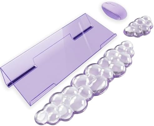 Acrylic Computer Keyboard Stand with Gel Cloud Wrist Rest Keyboard Riser with Comfortable Clear Silicone Mouse Wrist Pad Ergonomic Tilted Transparent Keyboard Holder for Desktop Office Purple