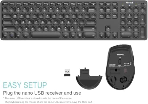 Arteck 2.4G Wireless Keyboard and Mouse Combo Ultra Slim Full Size Keyboard Keyboard and Ergonomic Mice for Computer Desktop PC Laptop and Windows 11/10/8/7 Build in USB-C Rechargeable Battery