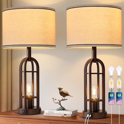 SRJJA 24" Farmhouse Table Lamps for Living Room Bedroom Set of 2, USB A+C