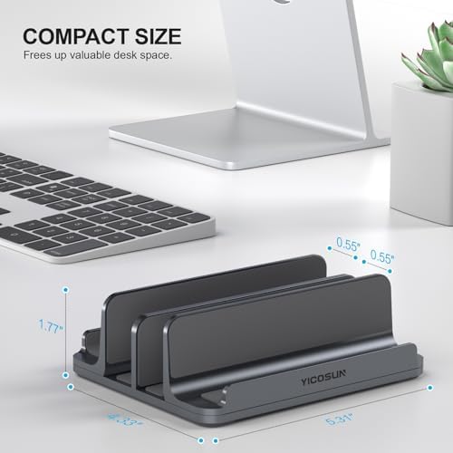 YICOSUN 4-Slot Aluminum Vertical Laptop Stand for Desk - Adjustable Width Dock for MacBook, Surface, Samsung, HP, Dell up to 17.3 inches - Space-Saving & Protective Design - Gray