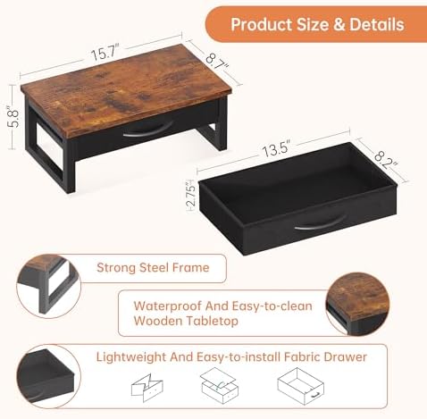 Computer Monitor Stand Riser with Drawer, 2-Tier Desk Accessories & Workspace Organizers, Laptop Stand for Desk with Storage, Office Organization, Wood