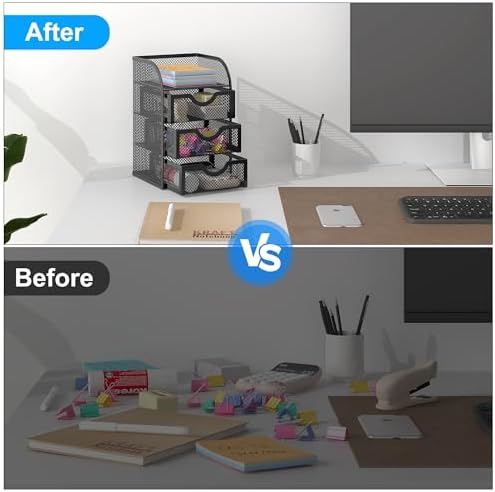 EasyPAG Mesh Desk Organizer with 3 Drawer Office Desktop Organizers and Accessories Stationery Caddy for Office, Home, Students, Black
