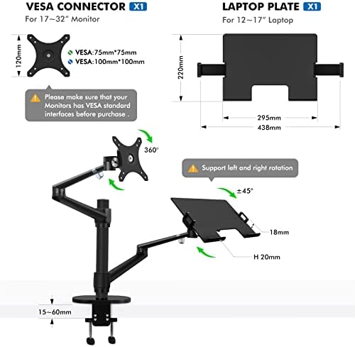 Viozon Monitor and Laptop Mount, 2-in-1 Adjustable Dual Arm Desk Mounts Single Desk Arm Stand/Holder for 17 to 32 Inch LCD Computer Screens, Extra Tray Fits 12 to 17 inch Laptops (Black)