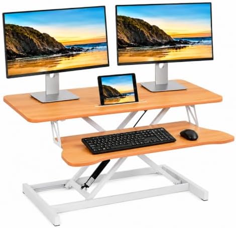 Standing Desk Converter 37 Inch – Height Adjustable Desk Riser with GasSpring Lift, Duals Screen Converter and Laptop Workstation, Sit Stand Ergonomic Riser with Wide Keyboard Tray for Offices (Wood)