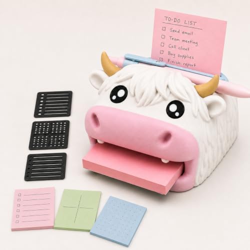 Note Toad Desk Organizer Sticky Note Holder – Frog Shaped Sticky Note Stencil and Holder with 3 Writing Guides, Creative Sticky Note Dispenser for Desk，White Highland Cow