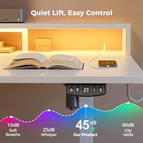 Klicelor Electric Standing Desk with Shelf, 48 Inch Height Adjustable Desk with Power Outlets & LED, Sit Stand Up Table with Monitor Stand, Computer Workstation for Home Office, White