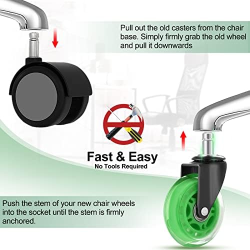 Hivexagon Office Chair Caster Wheels Replacement Set of 5, Heavy Duty Universal Quiet Rolling Casters 3 inch Fit Standard Office Chair for Hardwood Floors, Tiles and Carpet (Green)