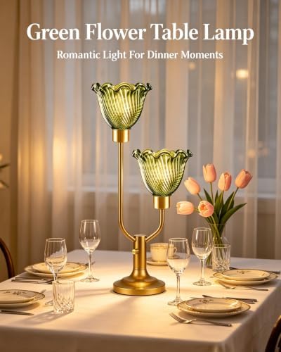 Lightdot Green Bedroom Lamps Set of 2 Flower Glass Table Lamp Dimmable