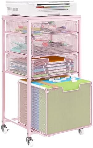 Sbanmao 4 Drawer Rolling File Cart Under Desk Storage, File Cabinets for Home Office, Mobile Filing Cabinet, Hanging File Organizer with Wheels, Utility Cart Printer Stand, Pink