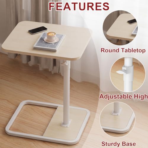 GOYLSER Large C Shaped End Table for Couch, Height Adjustable Rotatable Couch Tray Tables Sofa Table Tv Trays for Bedroom, Natural Wooden Swivel Side Table for Small Spaces
