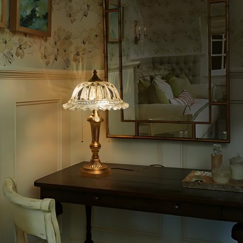 HDDFL Glass Shade Table Lamp Vintage Brass Metal Desk Lamp 2 Lights Table Light with Plug Switch for Bedroom Living Room Home Office
