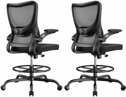 Marsail Drafting Chair, Tall Office Chair with 2D Lumbar Support, Standing Desk Chair with Padded Flip-Up Armrests & Adjustable Footrest Ring, Black,Pack of 2