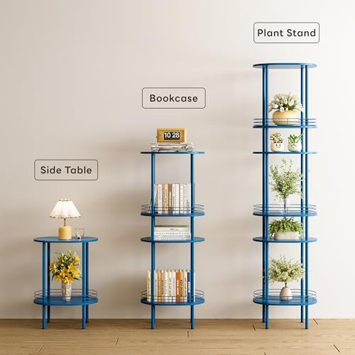 Small Oval Side Table with Storage, 2-Tier Blue End Table for Small Space