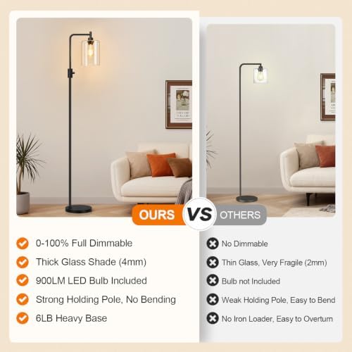 【Upgraded】 Dimmable Floor Lamp for Living Room with Seeded Glass Lampshade, Black Modern Glass Floor Lamp with 900LM LED Bulb Included, Arc Standing Tall Lamp for Bedroom, Office, Reading Room, Corner
