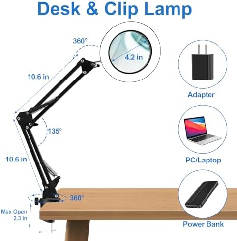 10X Magnifying Glass with Light and Clamp, Real Glass Lens, Adjustable Swing Arm, 3 Color Modes, Stepless Dimming LED Magnifying Lamp for Reading, Crafts, Soldering, Sewing & Close Work
