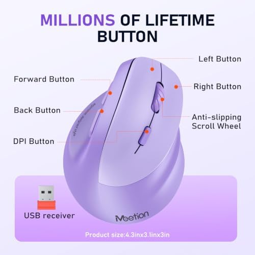 MEETION Ergonomic Wireless Vertical Mouse, Rechargeable, Purple