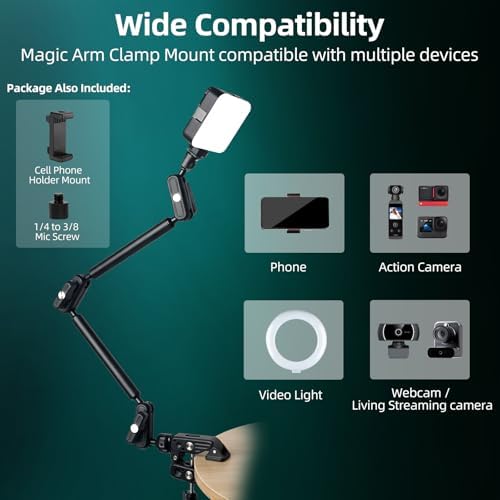 22" Magic Arm Clamp, Overhead Phone Mount Holder Stand, Flexible Desk Camera Mount, Articulating Friction Boom Arm with 1/4" 3/8" Threads for Phone, DSLR, Action Camera,Filming, Light, Webcam, Mic