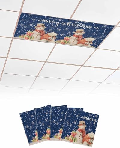 Christmas Magnetic Fluorescent Light Covers for Ceiling Lights 2 x 4 Feet,Retro Snowflakes Snowman Bear Farmhouse Blue Office Classroom Kitchen Drop Ceiling Light Covers Filters Shade Panel 4 Packs