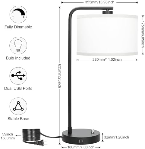 Seaside village Table Lamp for Bedroom with USB C+A Ports, Fully Stepless Dimmable Farmhouse Bedside Lamp Nightstand Light, Tall Reading Desk Lamp for Living Room, Office, 9W LED Bulb Included
