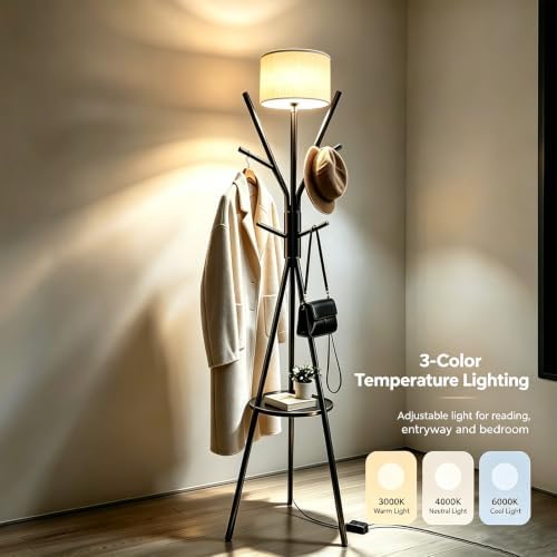 2‑in‑1 Coat Rack with Floor Lamp, Metal Standing Lamp with Storage Table