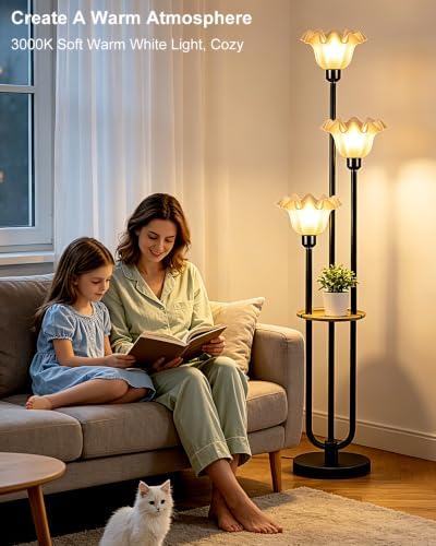 Flower Floor Lamp for Living Room, Mid Century Modern Floor Lamp Dimmable with Shelf & LED Bulbs, 3 Light Black Vintage Floral Standing Tall Lamp for Bedroom Sofa Beside Corner Decor