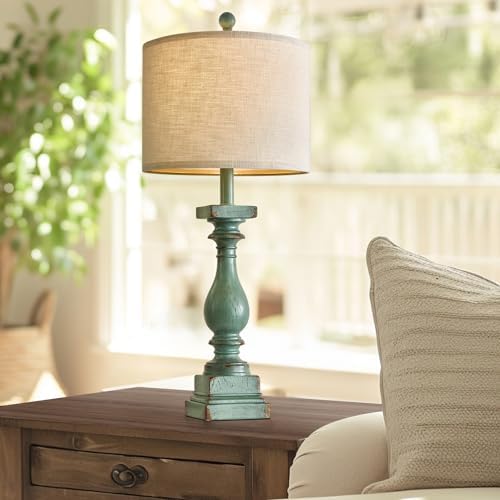 BOBOMOMO 27" Farmhouse Table Lamp Set of 2 with USB A+C for Bedroom Living Room Vintage Rustic Traditional Nightstand Bedside Lamps Retro Side Table Lamps (Green)