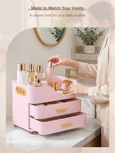 Booklov Large Makeup Organizer for Vanity, Bathroom Countertop, Pink