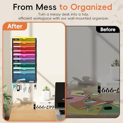 10-Tier Wall File Organizer with Hook, Hanging File Organizer Black