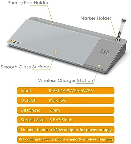 SELEAD Desktop Glass Whiteboard with Wireless Charger and Storage, Gray