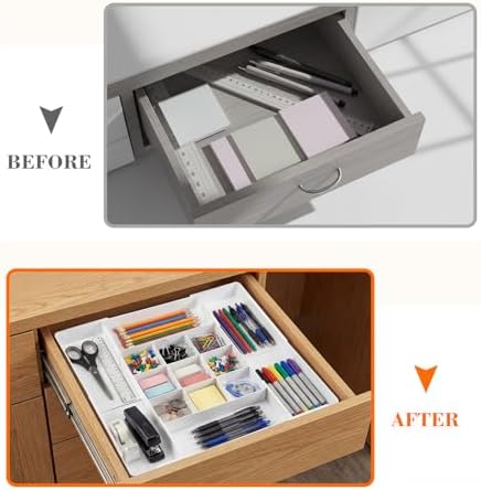 Briwooody 2 Pcs Expandable Drawer Organizer, White, 13 Compartments