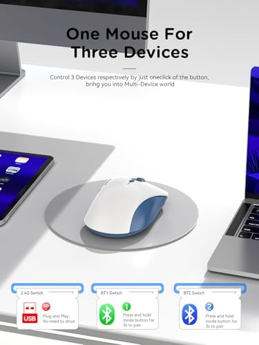 RAPIQUE Bluetooth Wireless Mouse, Dual Bluetooth & 2.4 GHz, Blue and White
