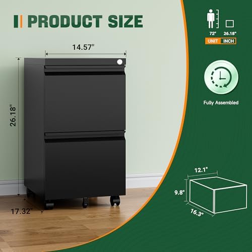 Letaya Mobile File Cabinet with Lock,2 Drawer Under Desk Metal Rolling Filing Cabinets for Home Office Organizer Letters/Legal/A4(Fully Assembled-Black) (Pack of 2)