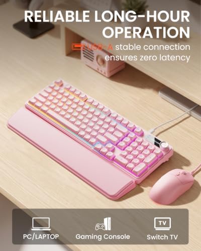EWEADN Wired Keyboard and Mouse Combo with Detachable Wrist Rest - Pink