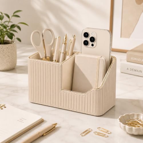 KINGFOM Luxury PU Leather Desk Organizer for Office Accessories, Aesthetic Pen Holder for Desk, Modern Desktop Storage Organizer for Women Home Office Supplies, Beige with Gold Trim