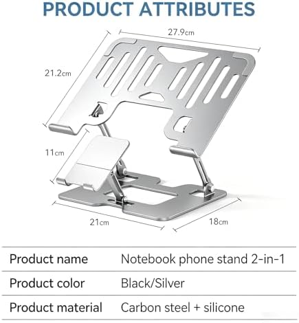 Adjustable Laptop Stand with Phone Holder, Ergonomic Alloy Steel Laptop Riser, Portable & Foldable Computer Stand for Desk, Compatible with MacBook Pro/Air All 10-18" Laptops (Silver)