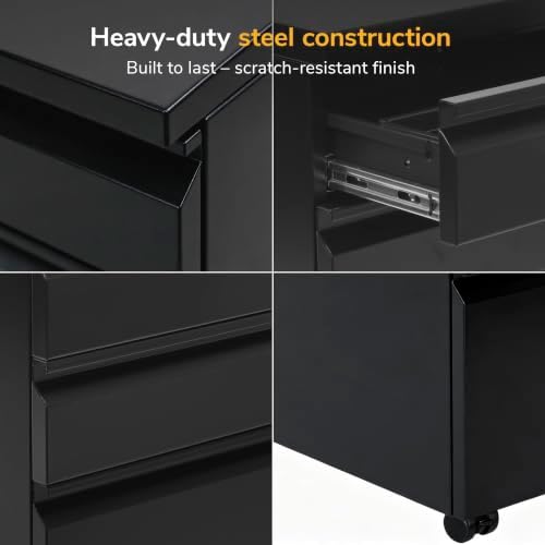 Mount-It! 3 Drawer File Cabinet with Lock and Wheels, Heavy-Duty Steel Rolling Drawer Cabinet, Fully Assembled Under Desk Filing Cabinet for Home Office Storage, 15.3" W x 19.75" D x 24.5" H, Black